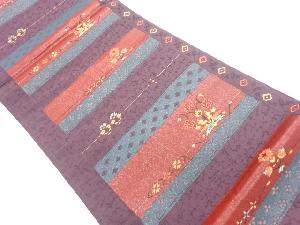 横段に花々・菱模様織出し袋帯